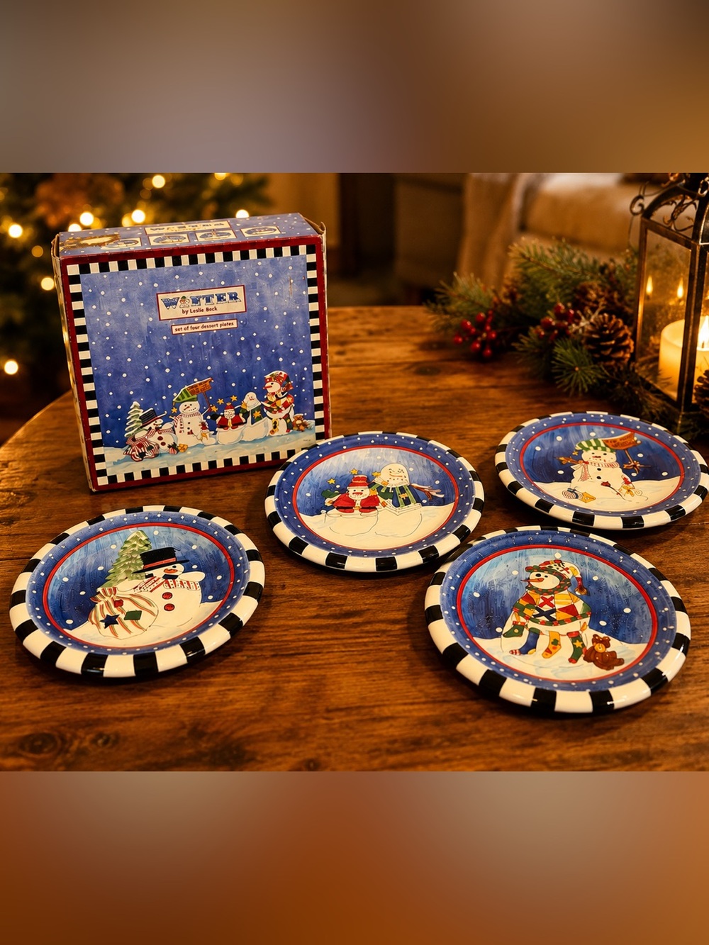 NIB Vintage JCPenney Winter Leslie Beck Snowman Dessert Salad Plates Set of 4